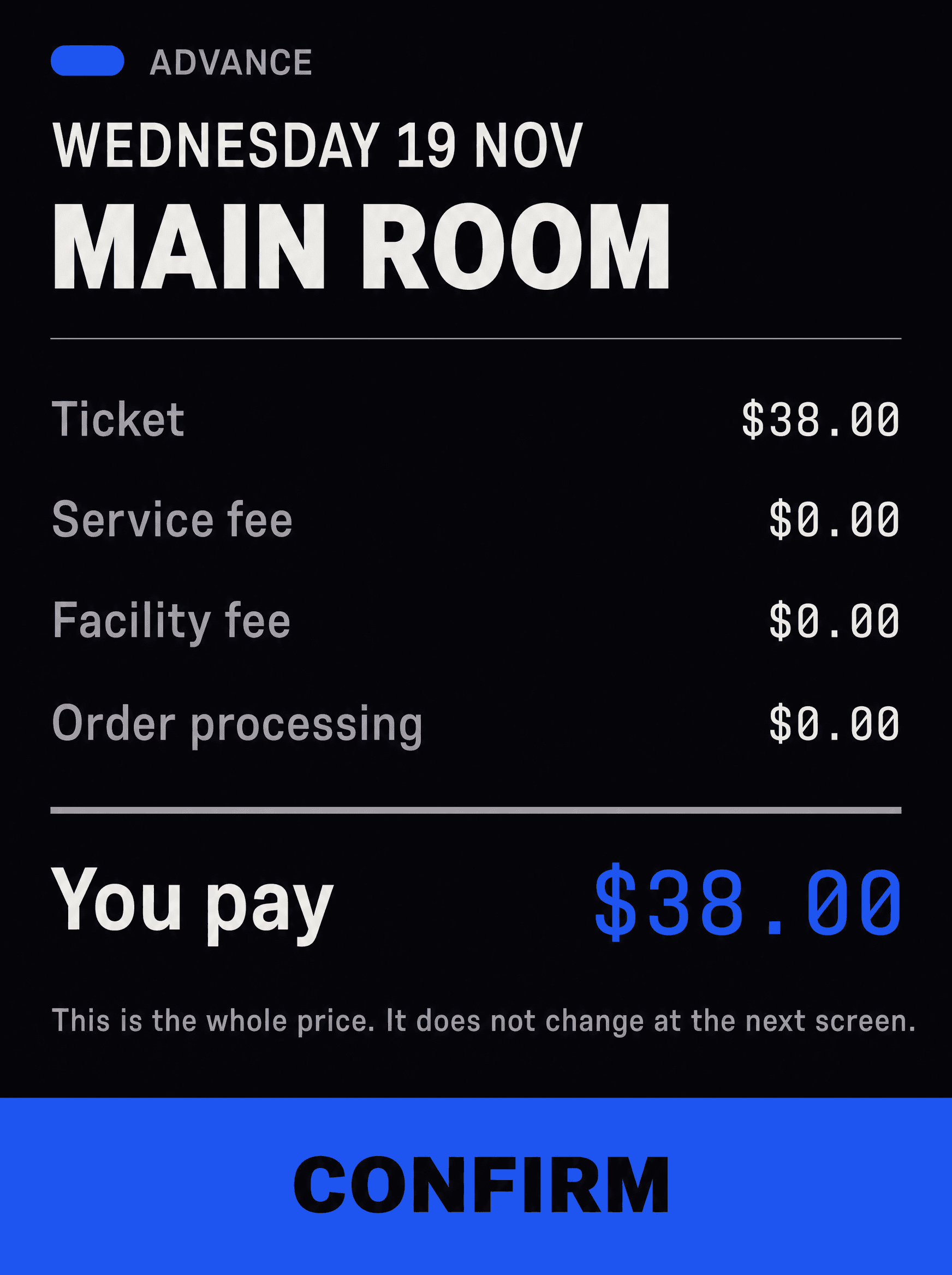 Advance checkout screen showing zero fees