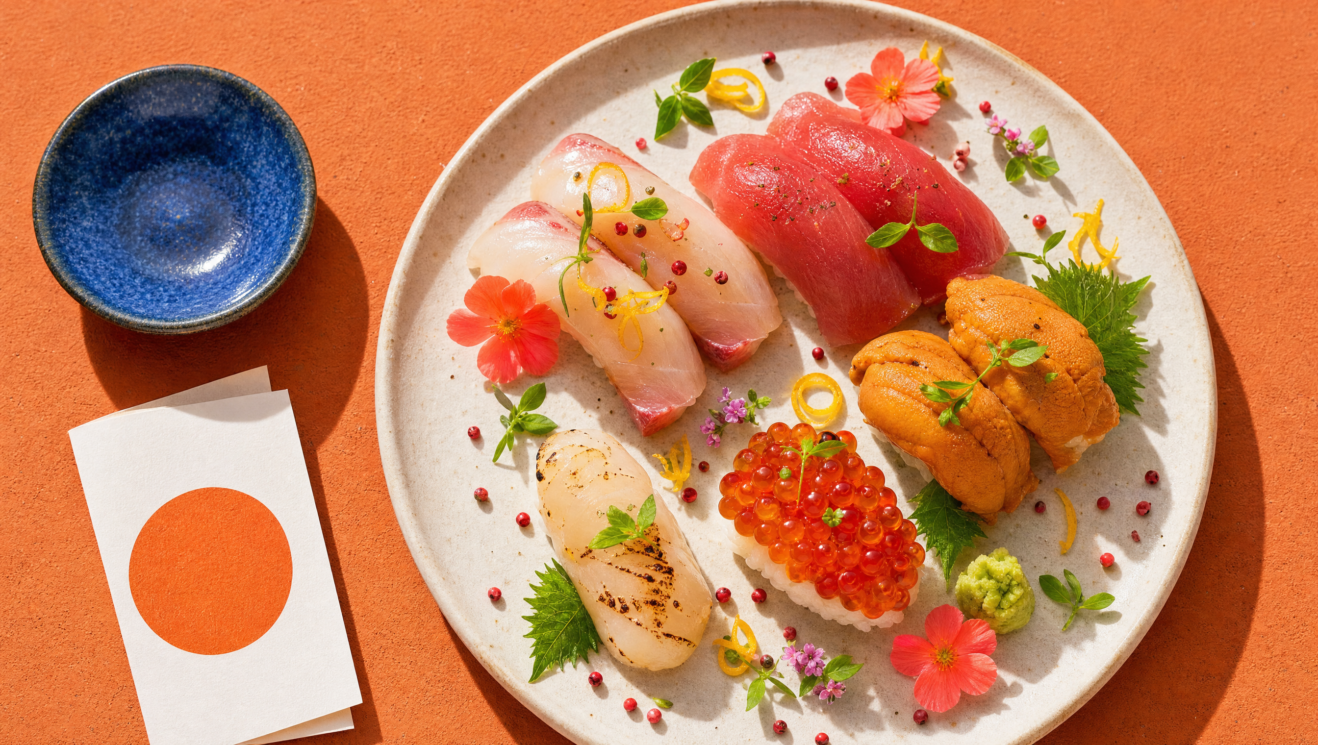 Ama nigiri selection on a pale ceramic plate against terracotta, shot in hard midday sun