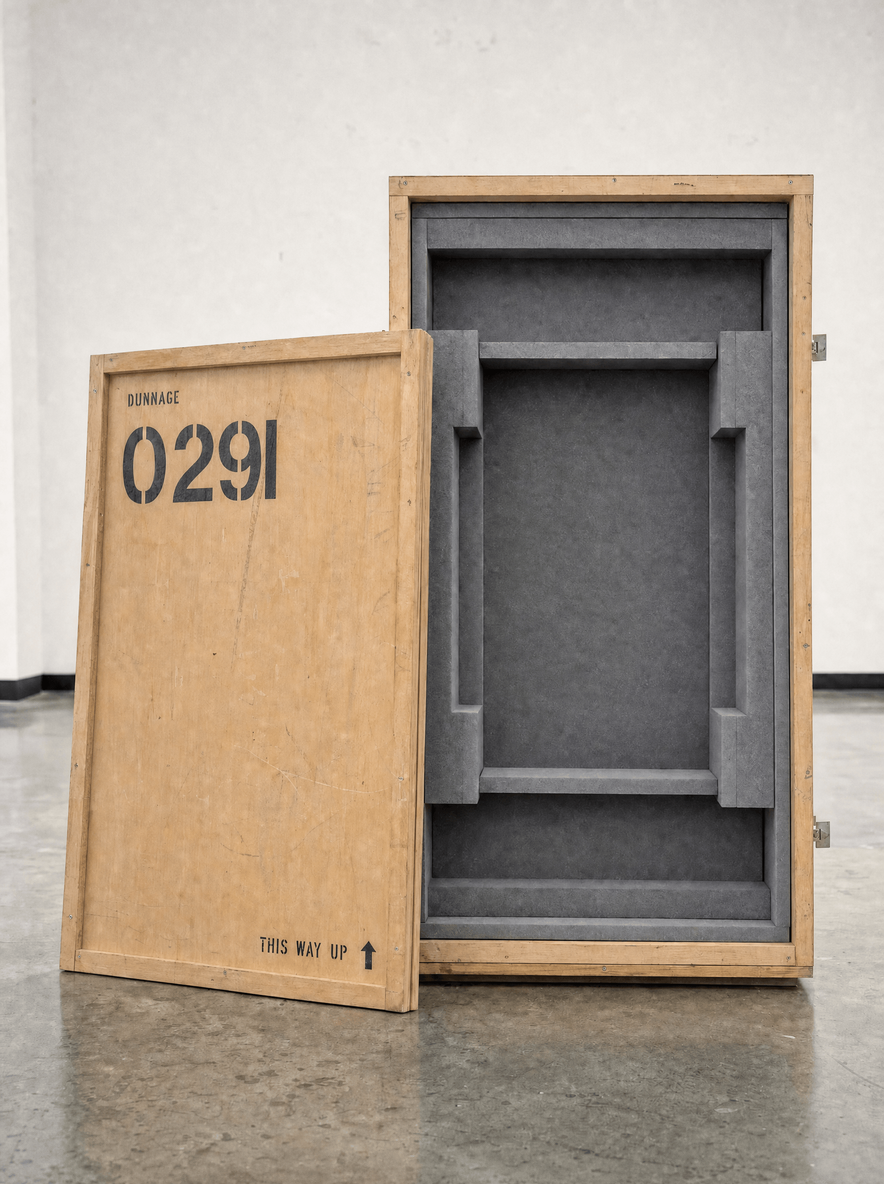 An opened Dunnage crate on a gallery floor, foam cradle empty, reference stencilled on the lid