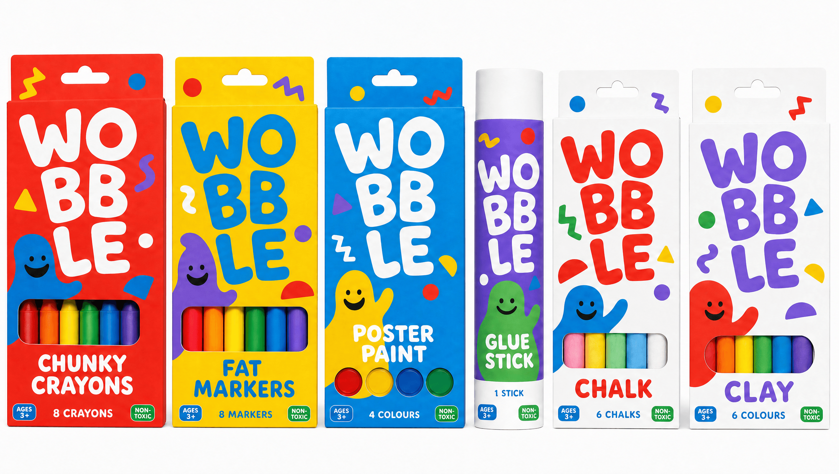 The Wobble range of children's art supply packaging with age grade and safety marks